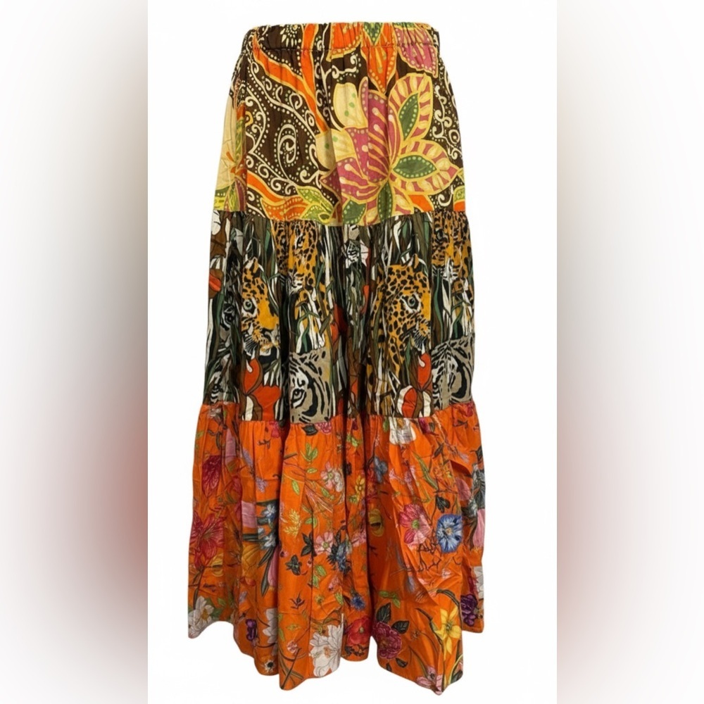 Gucci Patchwork Design Printed Maxi Long Skirt Tigers Tropical Floral Tiered 40